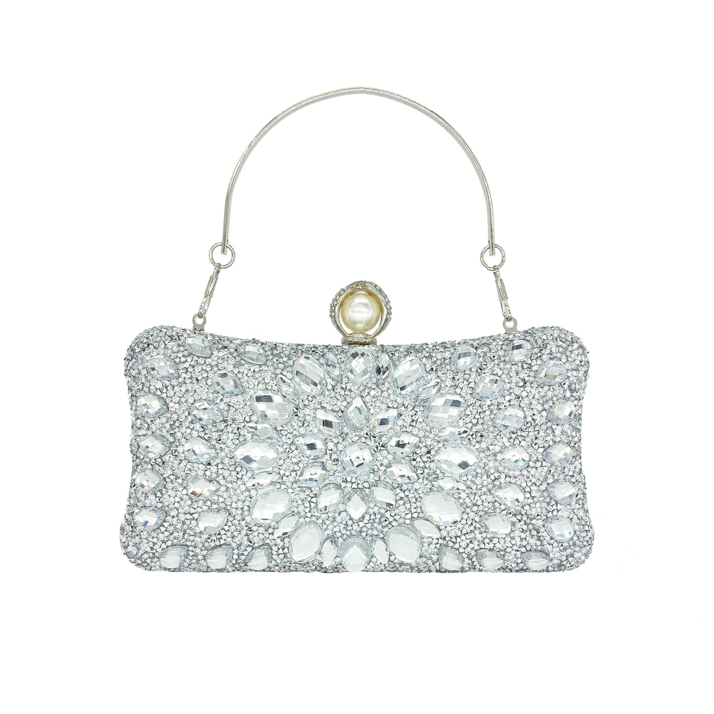 MAIRLOM Rhinestone Clutch Purses for Women Evening Wedding Formal - Pearl Clasp Handbag Crystal Gemstone Bag for Party Prom(Solid Silver)