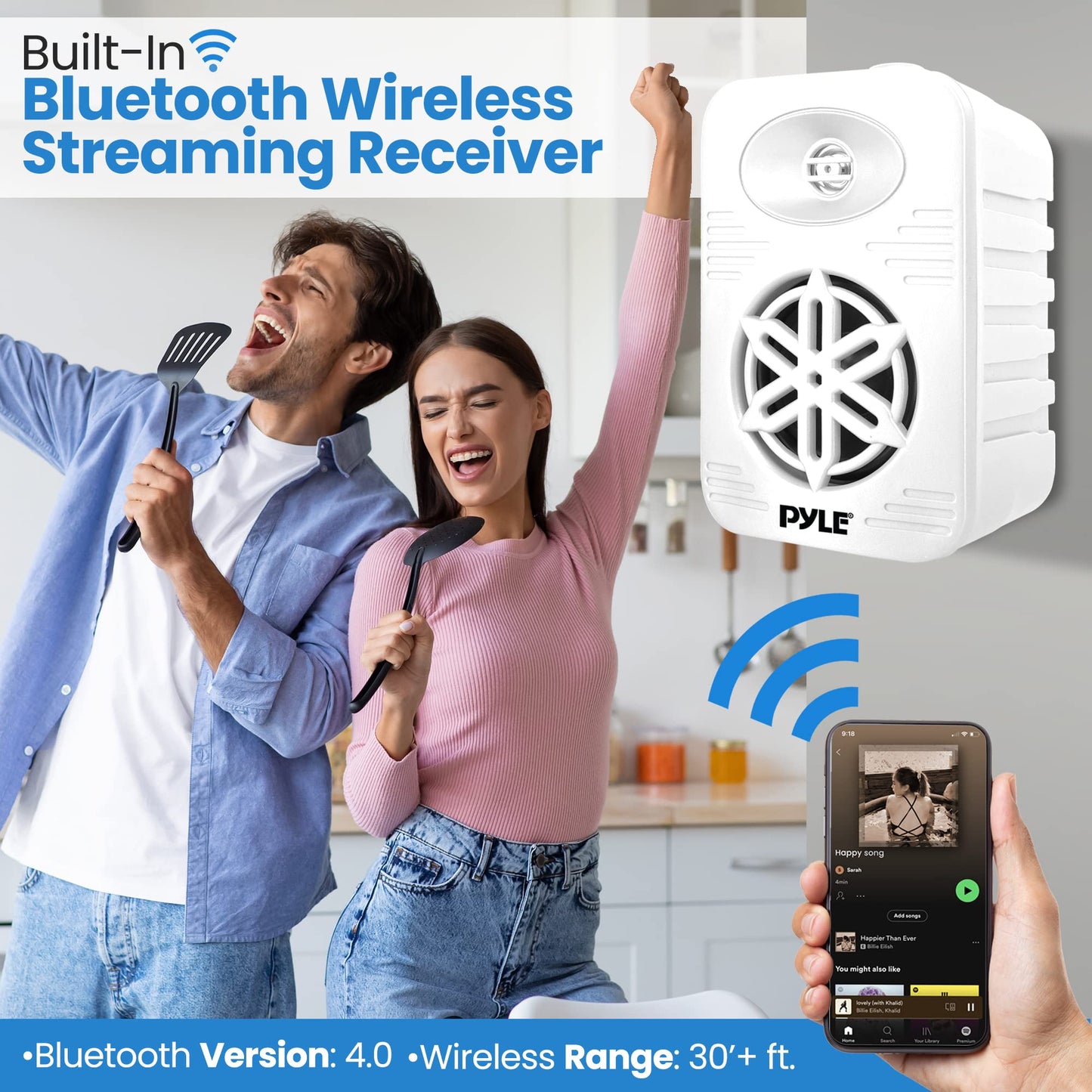 PyleUSA Bluetooth Indoor Outdoor Speakers Pair-300 Watt Dual Waterproof 4” 2-Way Full Range Speaker System w/1/2” High Compliance Polymer Tweeter-Home, Boat, Marine, Deck(White)(PDWRBT46WT)
