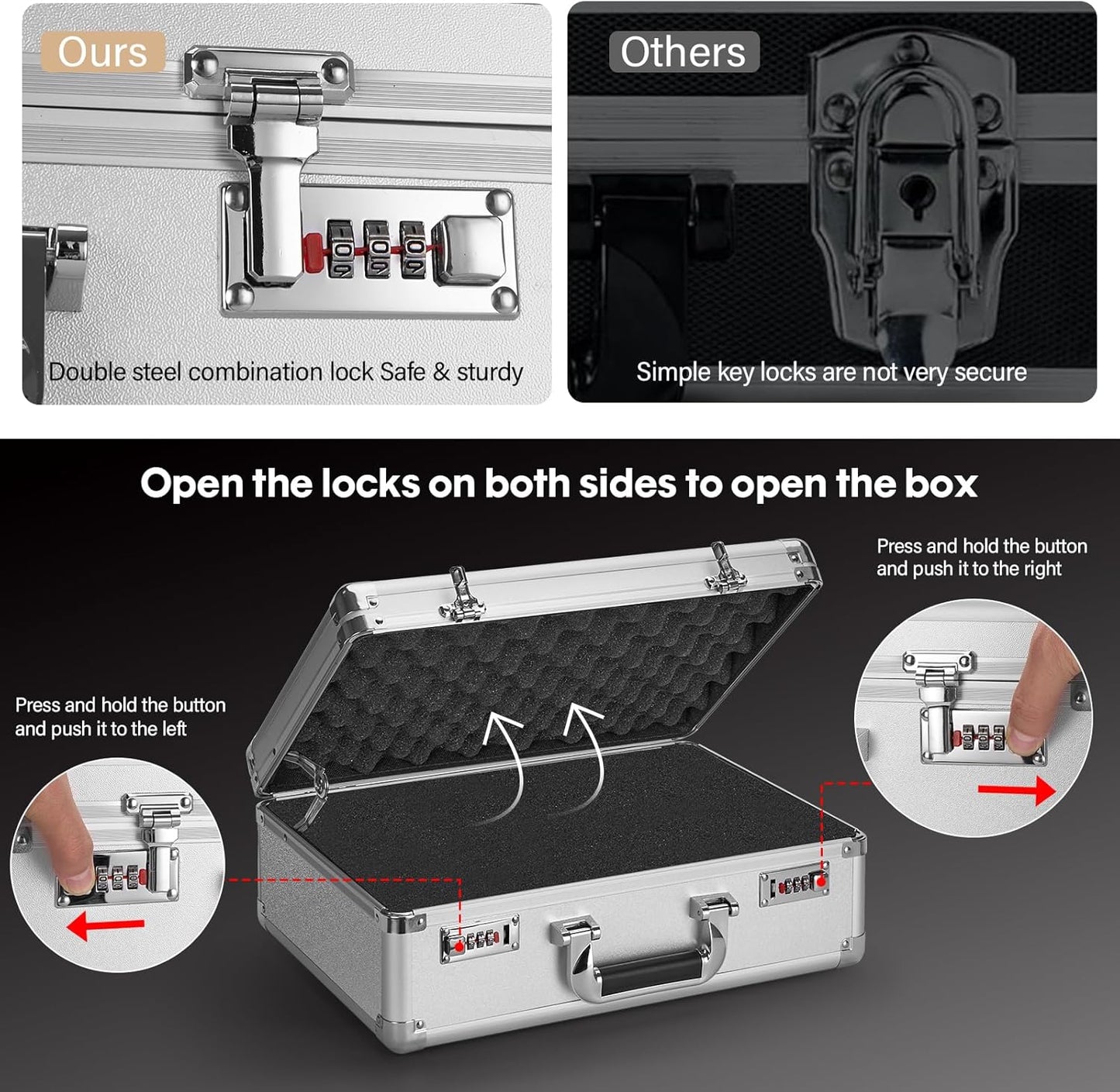 Combination Lock Box - Locking Storage Case with Customizable Foam, 16.9" Portable Lockable Case for Personal Items, Valuables, Documents, Briefcase for Jewelry, Cash, Medications, Silver