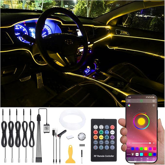 6 Meters Optic Fiber Car Ambient Lighting with Bluetooth App Control + RF Remote Control 64 Colors Multicoloured Music Interior Lighting Kit DC 12V 1W