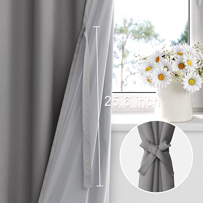 XWZO 100% Blackout Curtains - Thermal Insulated Black Liner Short Curtains, Noise Reducing and Heat Blocking Drapes for Hall and Studio Small Windows with Tiebacks, Grey, W38 x L63, Set of 2