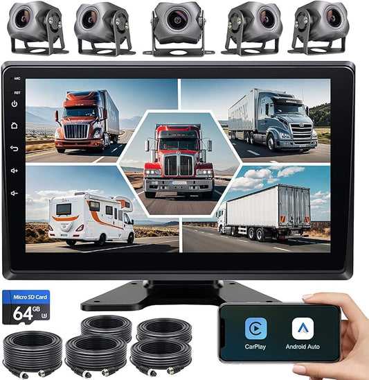 5-Channel 1080P Backup Camera Dash Cam with 10.2'' Monitor,DVR Recording Back Up Camera for RV/Truck/Van/Trailer/SUV Cars, Android.11 Car Raido with Wireless CarPlay/Android Auto/BT/FM/WiFi