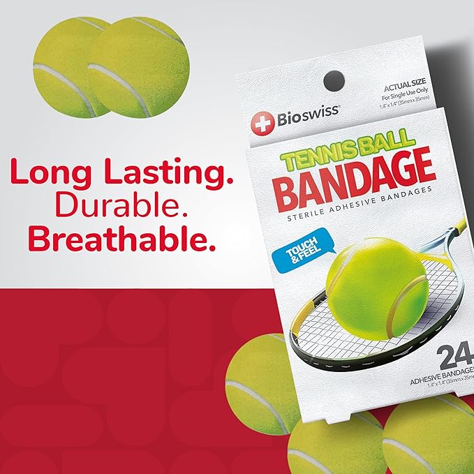 BioSwiss Bandages, Tennis Ball Shaped Self Adhesive Bandage, Latex Free Sterile Wound Care, Fun First Aid Kit Supplies for Kids, 24 Count