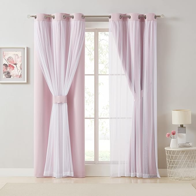 Bujasso Pink Blackout Curtains with Sheer Overlay Mix and Match Double Layer 80% Room Darkening Window Treatment Set for Girls Bedroom Living Room Pink Drapes with Tiebacks Grommet Top 54" Wx84 Lx2