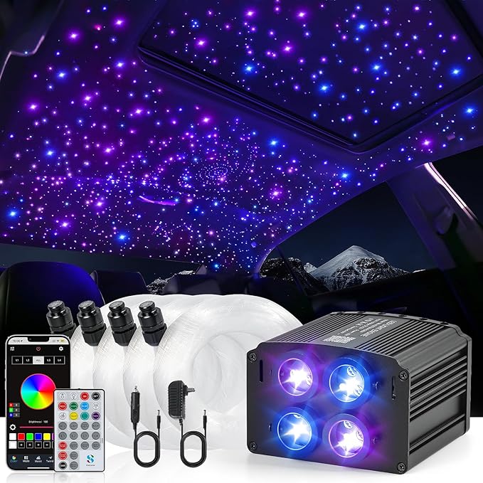 4 Colors 32W Twinkle Starlight Headliner Kit for Car Home with APP&RF Remote,RGBW 860pcs*0.03in*13.1ft Cables Fiber Optic Star Sky Roof Lights,4 Port Engine Sound Activated Ceiling Star Lights for Car