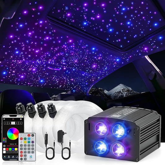 4 Colors 32W Twinkle Starlight Headliner Kit for Car Home with APP&RF Remote,RGBW 860pcs*0.03in*13.1ft Cables Fiber Optic Star Sky Roof Lights,4 Port Engine Sound Activated Ceiling Star Lights for Car