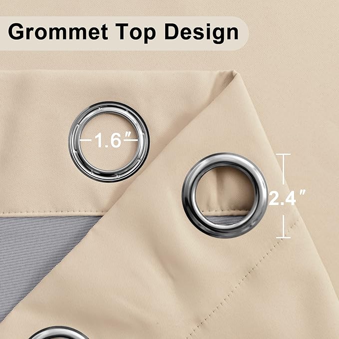 XWZO 100% Blackout Curtain Panels - Thermal Insulated Black Liner Curtains, Noise Reducing and Heat Blocking Drapes for Hall and Studio Windows with Tiebacks, Biscotti Beige, W52 x L63, Set of 2