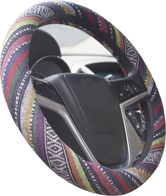 Small Ethnic Style Coarse Flax Cloth Automotive Steering Wheel Cover Anti Slip and Sweat Absorption Auto Car Wrap Cover (14''-14.25, B)