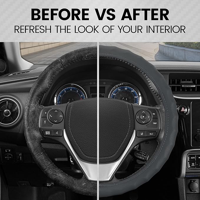 BDK Genuine Gray Leather Steering Wheel Cover for Car, Small 13.5-14 inch – Ergonomic Comfort Grip for Men & Women, Car Steering Wheel Cover for Vehicles with Small Steering Wheels