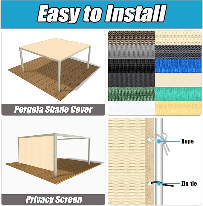 Amagenix 90% Pergola Shade Cover 13' X 13' Sun Shade Cloth with Grommets for Outdoor Garden Patio Porch, Commercial Grade 200 GSM - Cable Zip Ties Included (We Customized) GN108, Wheat