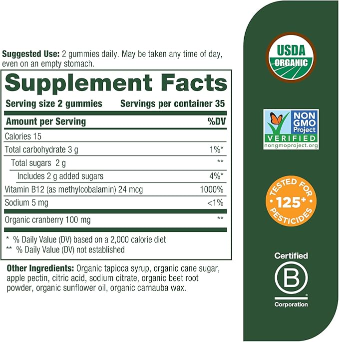 MegaFood Vitamin B12 Energy Gummies - Vegan - With Methyl B12 Vitamins to Support Cellular Energy Production - Cranberry - Daily Vitamin B12 Supplement - USDA Organic - 70 Gummies, 35 Servings