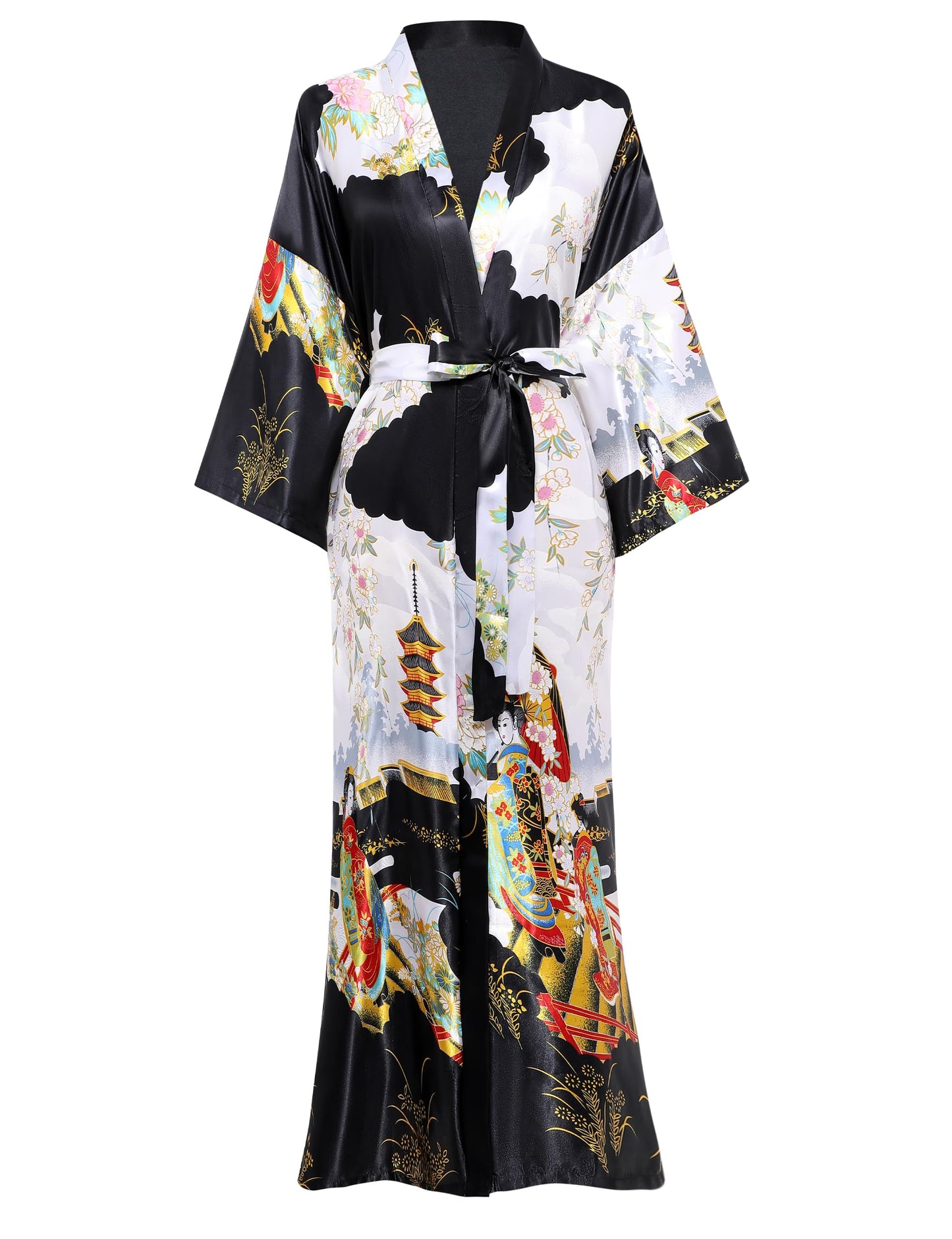 PRODESIGN Kimono Robe for Women - Long Satin Sleepwear Silky Kimono Cover-Up Nightgown Japanese Bathrobe Loungewear Blouse