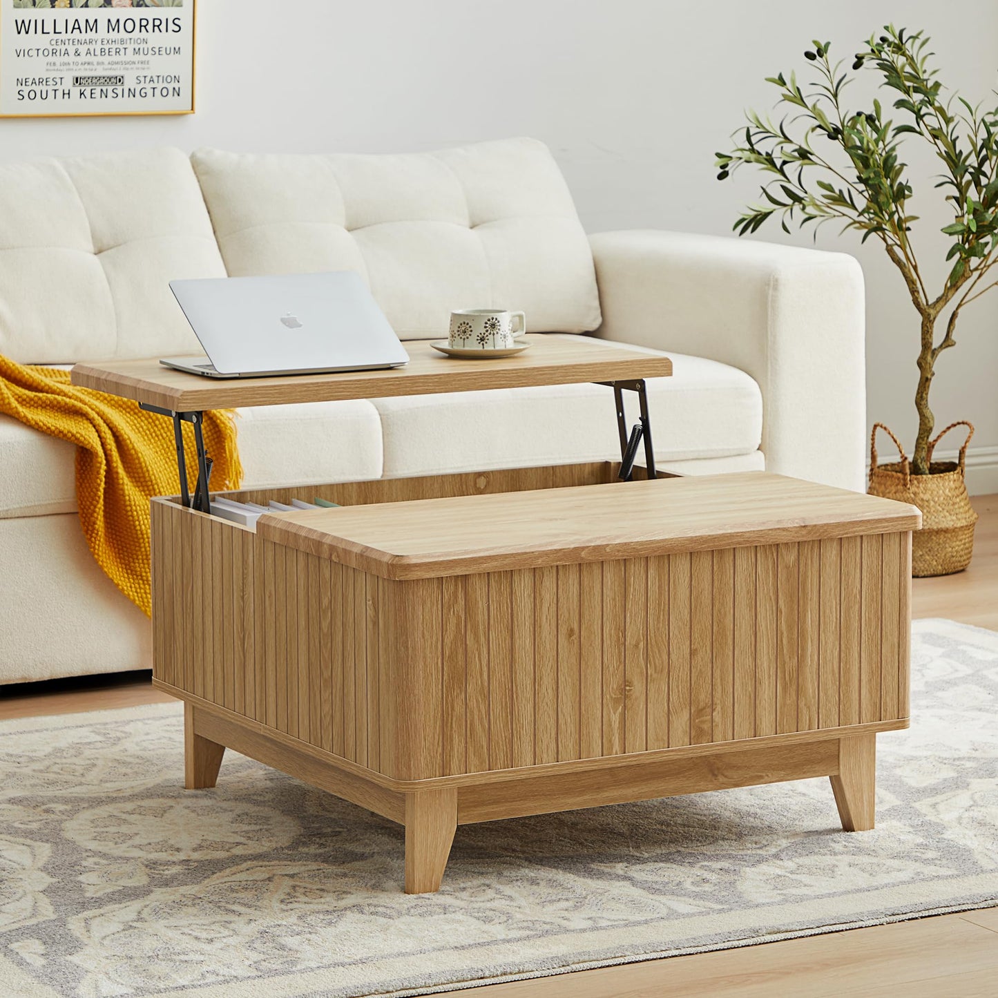 NVETHM Lift Top Coffee Table, Square Coffee Table with Hidden Storage Compartment, Farmhouse Wood Center Table Dining Table for Living Room, Bedroom, Home Office (Natural)