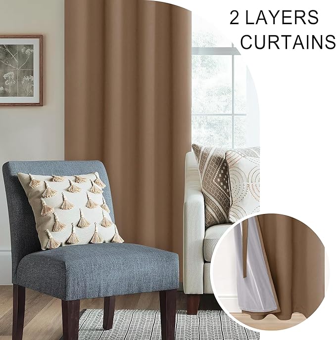 XWZO Complete Blackout Shades Window Curtain Panels with Tiebacks- Noise Reduction and Light Blocking Grommet Curtains with Black Liner for Studio/Living Room, Cappuccino, W70 x L84, Set of 2
