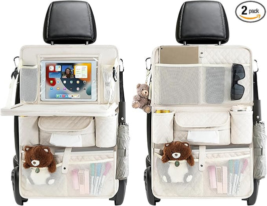 Car Backseat Organizers 2 Pack with Foldable Trays - PU Leather Back Seat Organizers with 11 Storage Pockets, Tablet Holders, Seat Back Protectors for Kids Family Travel Accessories (Beige)