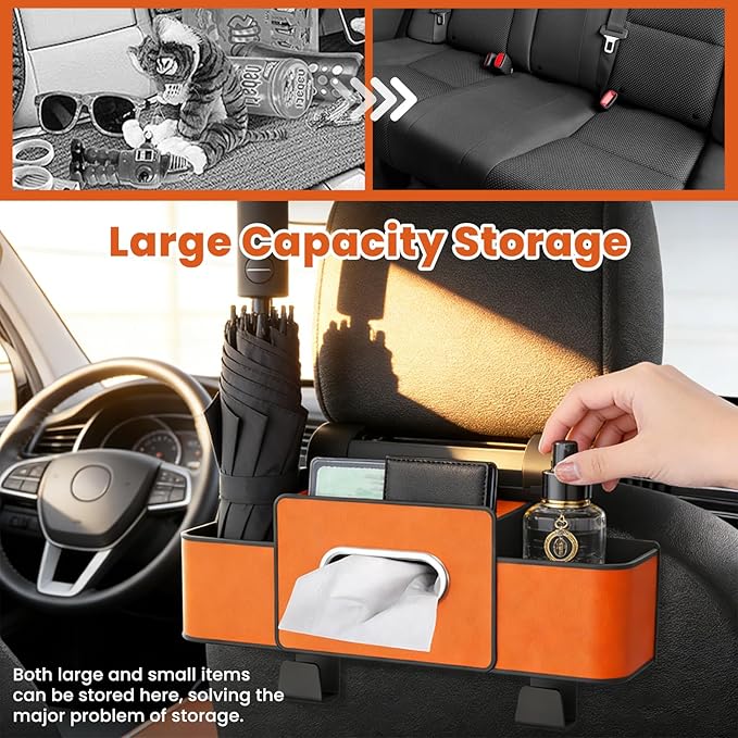 Multifunctional 3‑in‑1 Car Seat Back Storage Box Organizer with Cup Holders, Tissue Box Slot & Headrest Hooks – Backseat Car Organizer for Phones, Snacks, Drinks, Bags, Travel Storage (Black)