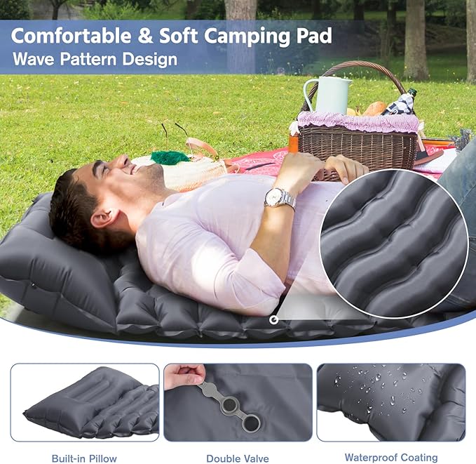 Sleeping Pad for Camping -Ultralight Inflatable Sleeping Mat with Pillow, Built-in Foot Pump, Compact & Lightweight Camping Mattress Pad for Camp, Backpacking, Hiking, Travel Tent (Grey)