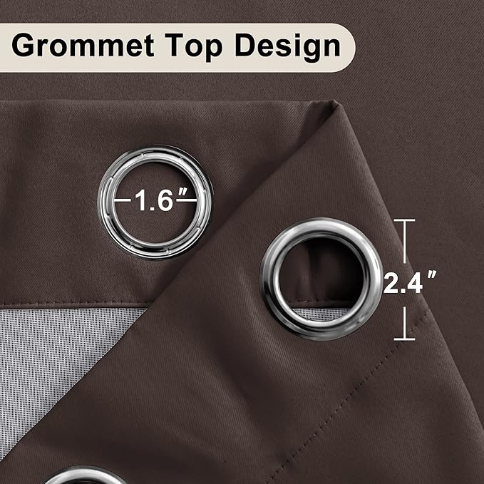 XWZO 100% Blackout Curtains 63 Inches Long with Tiebacks- Heat Blocking Energy Efficiency Window Draperies Grommet Top with Black Liner for Bedroom/Living Room, Brown, W60 x L63, Set of 2