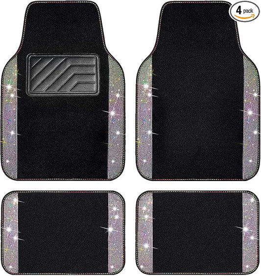 CAR PASS Iridescent Bling Rhinestones Diamond Car Floor Mats Waterproof, Anti-Slip PVC Heel Pad, Universal for Automotive SUV,Sedan,Van,4pcs Girl Women Lady Sparkly Shining Multicolor Colorful Crystal