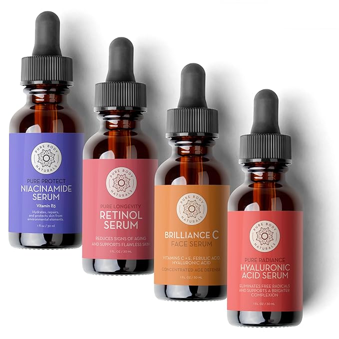 Pure Body Naturals Facial Serum - Hyaluronic Acid Serum, Retinol Serum, Vitamin C Serum, and Vitamin B3 (Niacinamide) Serum - A Perfect Serum Gift Set for Women of All Ages