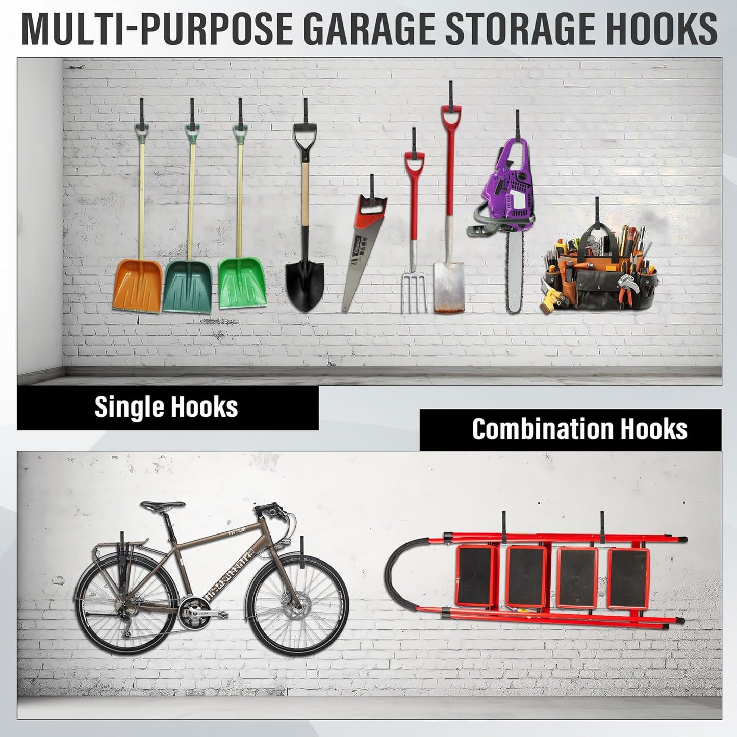 Heavy Duty Utility Hooks, Garage Storage Wall Mount Steel Hooks, Garden Tool Hanger, Garage Organizer for Tool, Ladder, Folding Chair, Hose, Ropes, Bike, etc.(2 S, 2 M, 2 L)