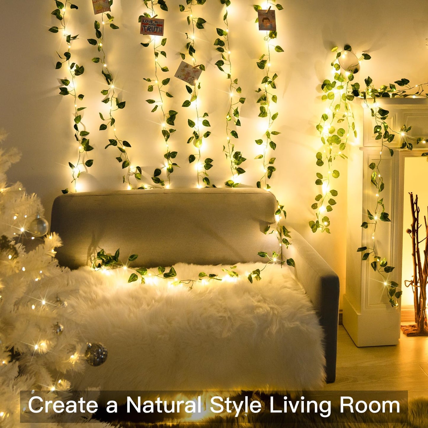 suddus Vine with Fairy Lights Battery Operated, 33ft100 LED Pothos String Lights with Remote, Leaf Lights for Bedroom, Room, Wall, Garden, Party, Wedding Decor(Warm White)