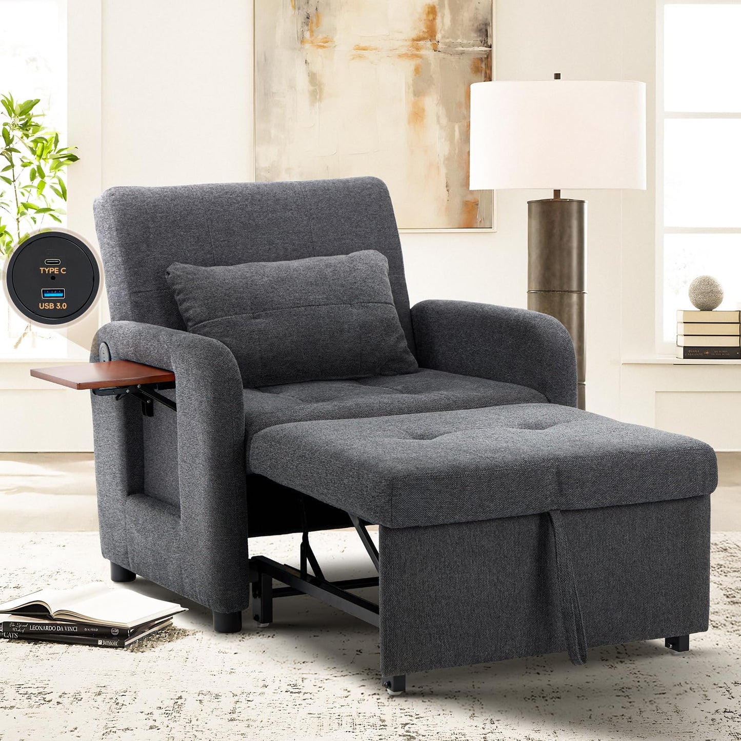 COLAMY Convertible Sleeper Chair-Fabric Futon Sofa Bed, Single Sleeper Sofa, Small Couch Bed with USB Port, Foldable Table, Pillow, Adjustable Backrest for Dorm/Bedroom/College Darkgrey