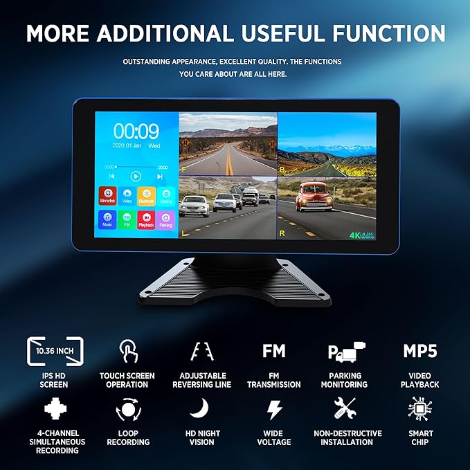 4K Backup Camera 4 Channel 360 Dash Cam with 10.36" Quad Split Touch Screen & 4 AHD Front Rear Sides View Camera w/DVR Recording Music Video Playback Avoid Blind for RV Semi Trailer Truck Van