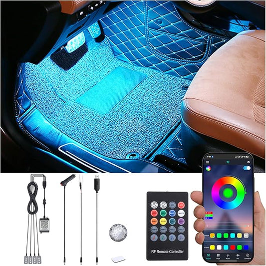 Car Footwell Atmosphere Light Kit RGB Multicolor Sound Active Music Sync Memory Function RF Remote Controller + Bluetooth APP Control 64 Colors USB Car Interior Ambient Lighting Kit DC 12V