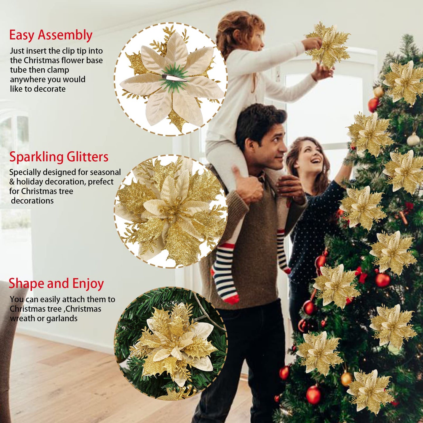 GREENTIME 12 Pcs Glitter Poinsettia 5.5" Artificial Flowers Christmas with Clips Stems Xmas Tree Ornaments for Wedding Party Wreath Decoration (Golden