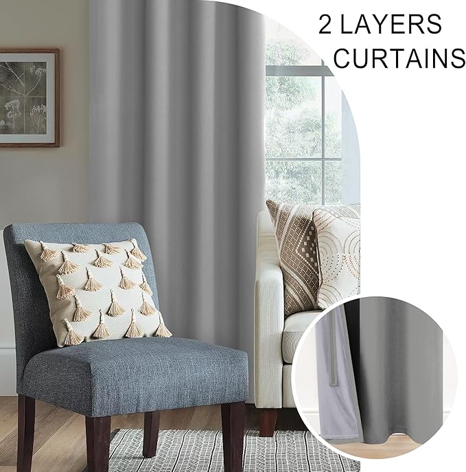 XWZO 100% Blackout Curtains with Tiebacks- 2 Thick Layers Completely Shaded Window Treatment Thermal Insulated Lined Drapes with Grommets for Bedroom/Laundry, Light Grey, W42 x L84, Set of 2 Panels