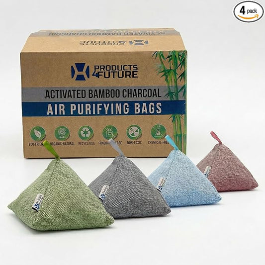 4 pack Naturally Activated Bamboo Charcoal Air Purifying Bags | Natural Home Deodorizer Bag | Charcoal Bag Odor Absorber For Pets | Odor Eliminator & Moisture Absorber Air Freshener Bag (200g Pyramid)