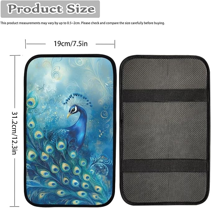 Suobstales Blue Peacock Print Car Armrest Pad Soft Center Console Arm Rest Protector Cover Universal Car Interior Accessories Decoration
