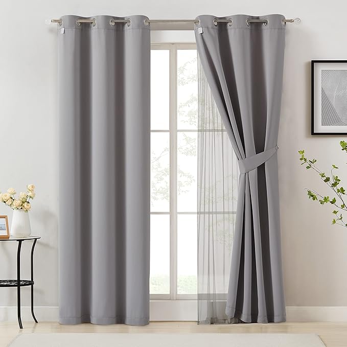 Bujasso Grey 90% Blackout Curtains with Sheer Overlay Mix and Match Double Layer Window Curtains Thermal Insulated 84 inch for Living Room Bedroom Gray Drapes with Tiebacks Grommet Top 54" Wx84 Lx2