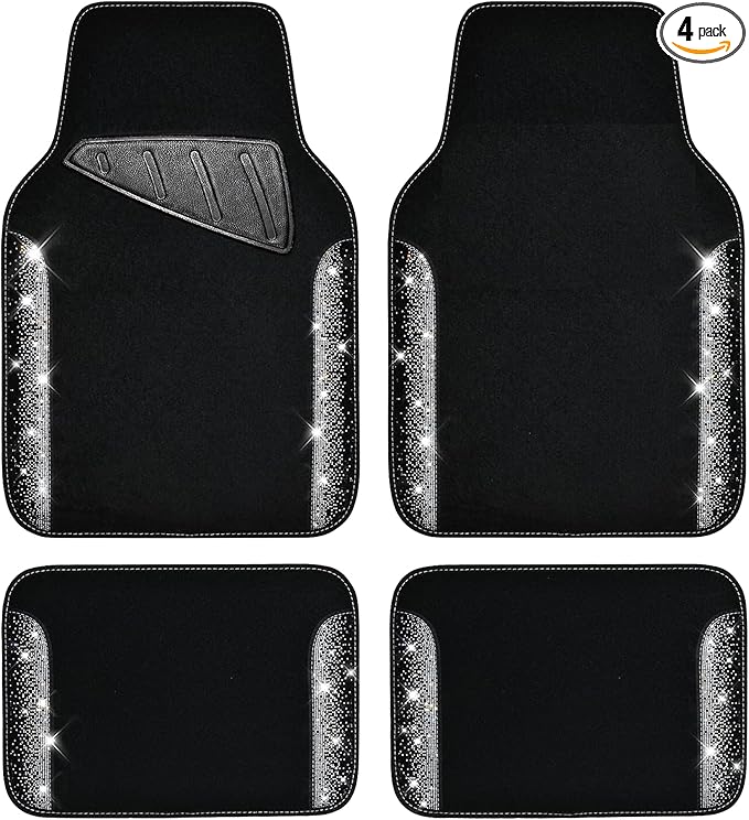 CAR PASS Bling Car Mats Shining Diamond Carpet Crystal Rhinestone Sparkly Glitter Floor Mats with Anti-Slip PVC Pad Universal Fit Automotive SUV,Sedan,Van,4pcs for Girl Women, Black Sliver Diamond