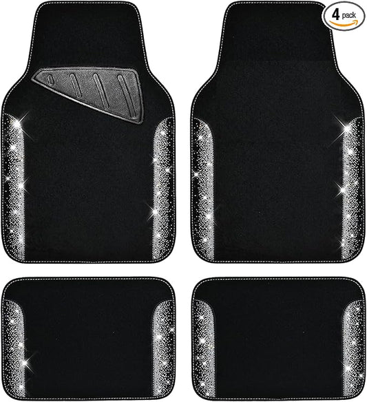 CAR PASS Bling Car Mats Shining Diamond Carpet Crystal Rhinestone Sparkly Glitter Floor Mats with Anti-Slip PVC Pad Universal Fit Automotive SUV,Sedan,Van,4pcs for Girl Women, Black Sliver Diamond