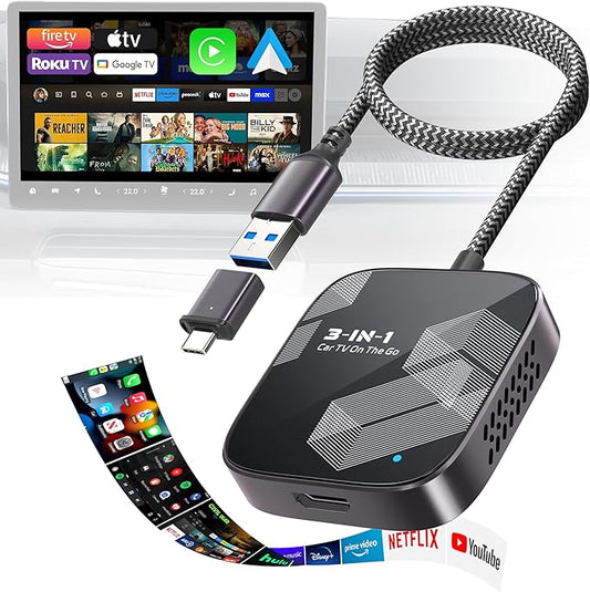 3-in-1 Wireless CarPlay Adapter 2026, Android Auto & Car Play Converter with HDMI Input for Fire TV Stick, Screen Mirroring & Streaming for Netflix/YouTube, Metal&Glass Case, Fit for 2016+ Cars -Black