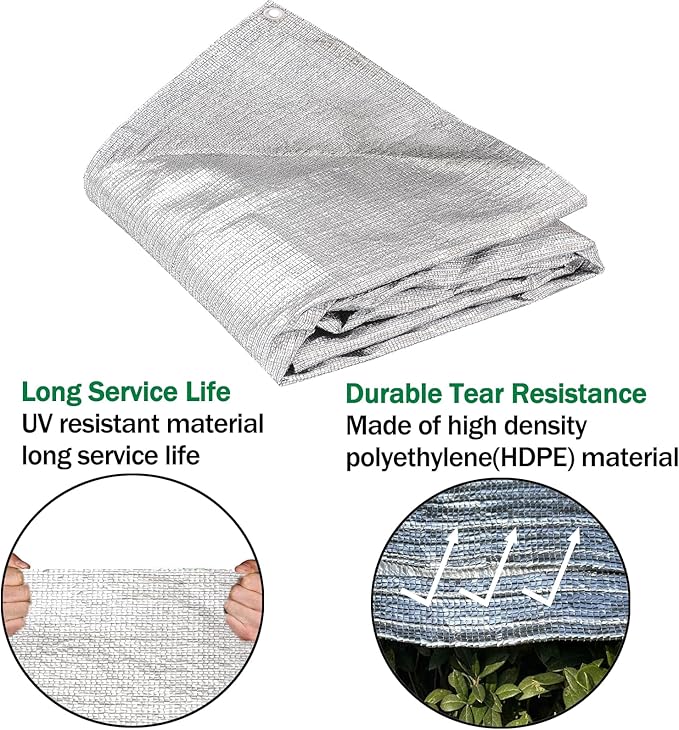 95% Sun Block Heavy Duty Aluminum Foil Shade Cloth with Grommets,10ft x 16ft, Mesh Sun Block Fabric Cover, Canopy, Privacy Screen for Outdoor Patio, Garden, Backyard, Silver