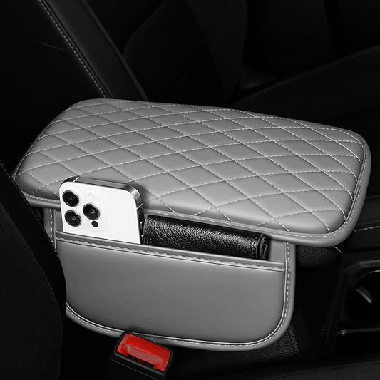 Center Console Cover Fit for Kia Sorento 2003-2025 with 2 Storage Bags Waterproof Leather Quilted Pattern Car Armrest Cover Cushion Anti - Slip(Grey&White Line)