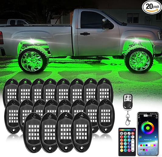 20Pods RGB LED Rock Lights Kit with APP/RF Remote Control, Car Underglow Lights with Dual Zone Brake Multicolor Neon Underbody Light Waterproof 12V for Trucks Pickup Jeep SXS Golf Cart ATV UTV RZR