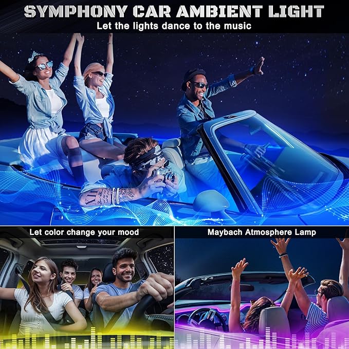 RGB Acrylic Interior Car LED Strip Light with Wireless APP, 14 in 1 with 175 inches 593 LEDs Neon LED Strip Light, 16 Million Colors Dynamic Music Sync Car Ambient Lighting Kits