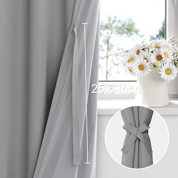 XWZO 100% Blackout Curtains 63 Inches Long with Tiebacks- Heat and Full Light Blocking, Thermal Insulated Window Panels with Grommets for Bedroom/Nursery, Light Grey, W60 x L63, Set of 2 Draperies