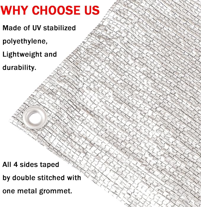 95% Sun Block Heavy Duty Aluminum Foil Shade Cloth with Grommets,10ft x 16ft, Mesh Sun Block Fabric Cover, Canopy, Privacy Screen for Outdoor Patio, Garden, Backyard, Silver