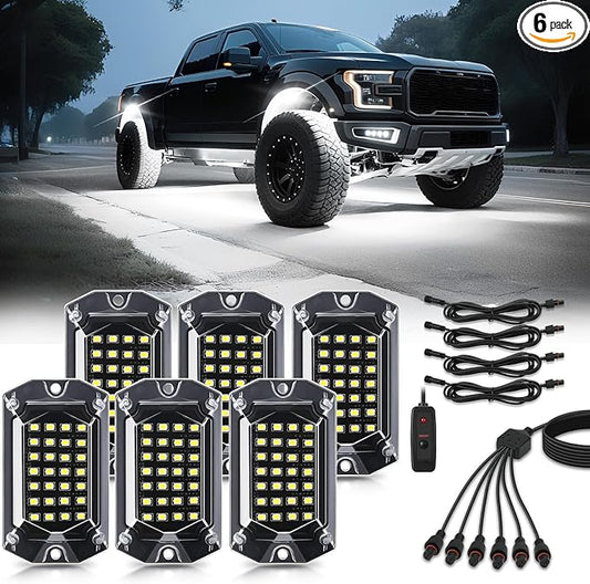 6 Pods Full Angle Pure White LED Rock Lights for Golf Cart ATV UTV RZR Trucks Offroad Pickup RV SUV, 6500K Super Bright Waterproof White Underglow Kit with Switch Wiring Harness Extension Wires