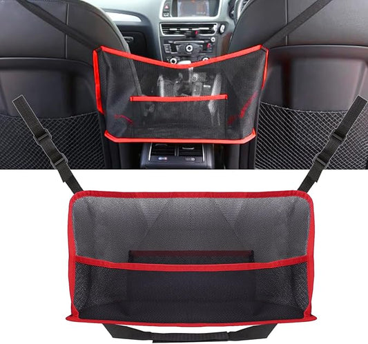 Car Storage Bag, Auto Net Pocket Handbag Holder, Driver Storage Netting Pouch for Document Phone Tissue Purse Storage, Organizer Mesh Bag Between Two Seats, Backseat Pets Barrier, Red