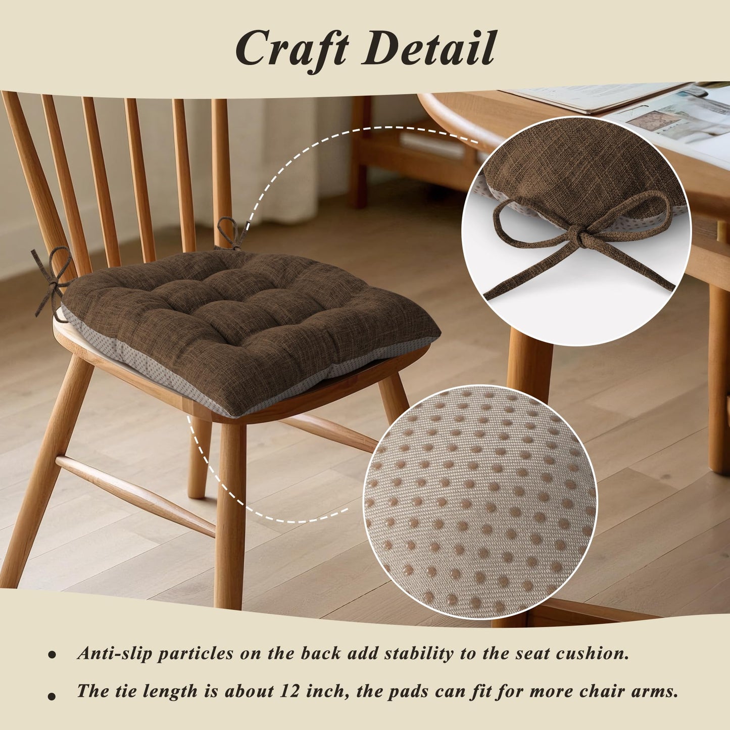 FlyGulls Chair Cushions for Dining Chairs Set of 4 Durable D-Shaped Seat Cushions with Non-Slip Backing Secure Ties Thick Cozy Seat Pad for Kitchen Dining Room Office(18x16.5x3in Coffee)