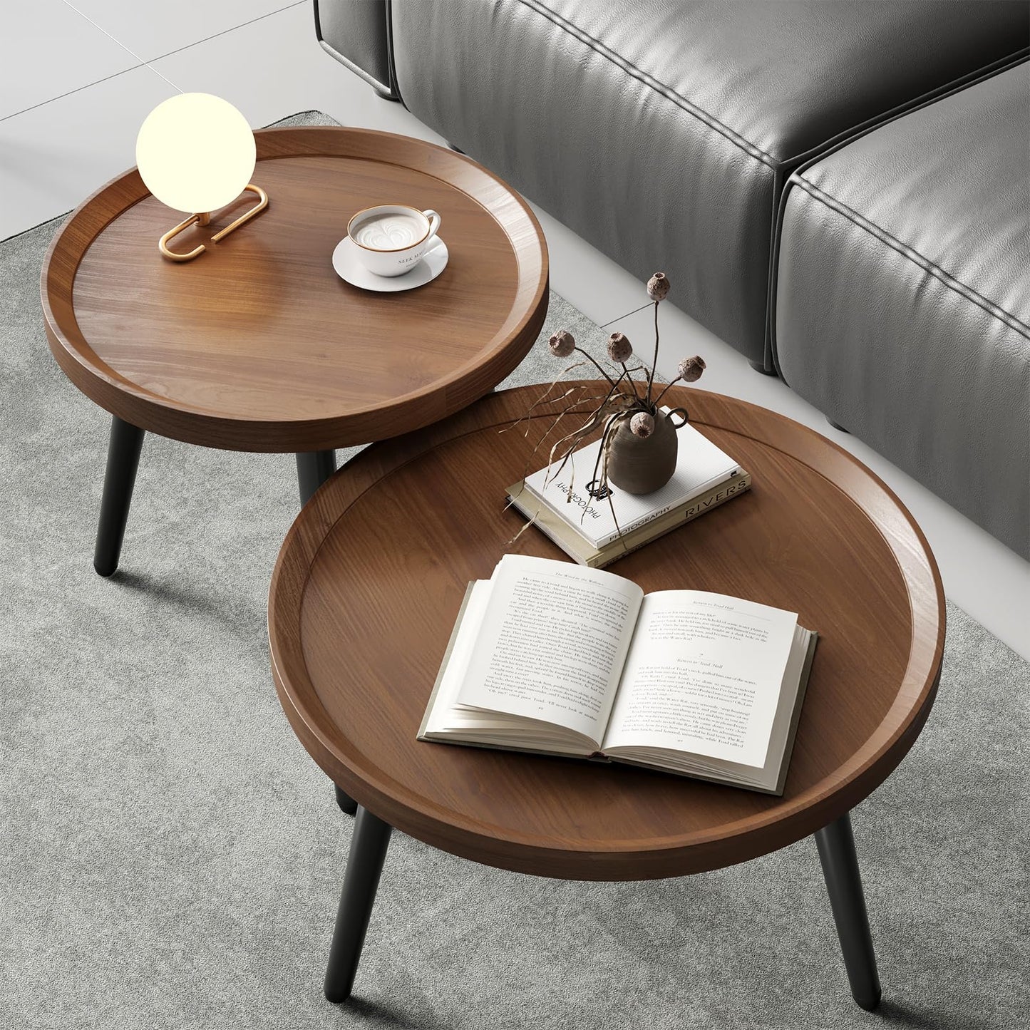2 PCS Small Round Coffee Table, Walnut Nesting Tables for Small Spaces, Mid Century Modern Centre Table, Easy Assembly Circle Coffee Tables for Living Room, Minimalist Nesting Coffee Table Set of 2