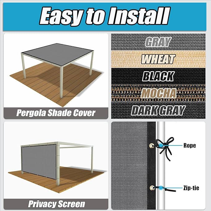 Amagenix 90% Shade Fabric 12'X 15' Gray Sun Shade Cloth with Grommets for Pergola Replacement Shade Cover Canopy, Heavy Duty, Cable Zip Ties Included (We Customized)