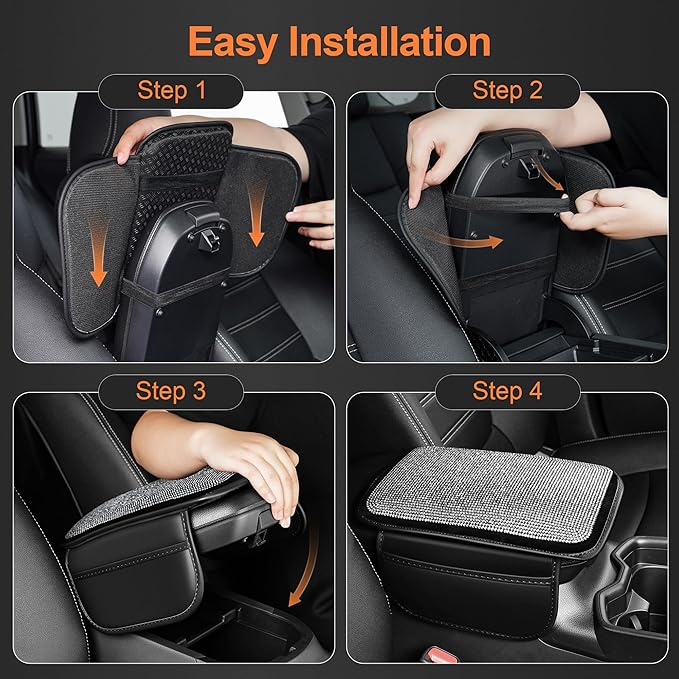 Bling Car Center Console Cover Custom Fit for Jeep Cherokee Compass Gladiator Liberty Patriot Renegade Wrangler - Leather Armrest Cover with 2 Storage Pockets and Crystal Rhinestones(Black)