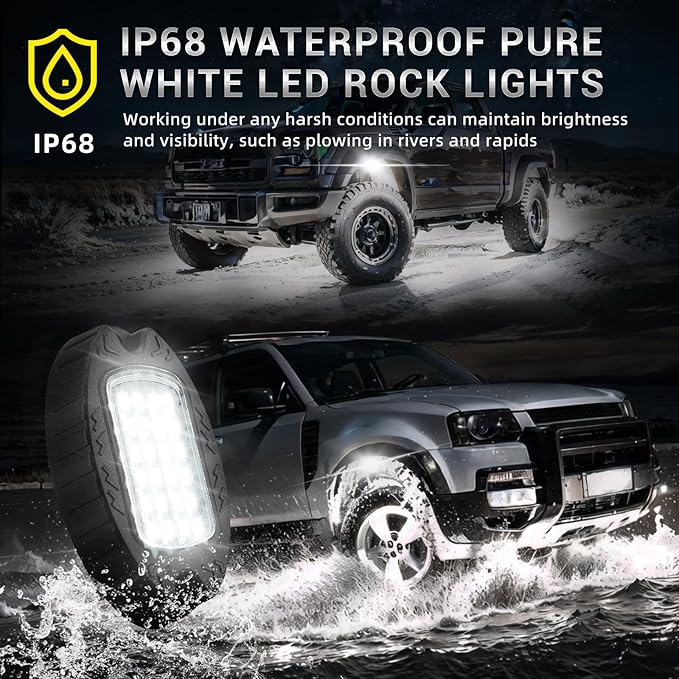 12 Pods Alloy Pure White LED Rock Lights for Trucks Offroad Pickup Boat Fender ATV UTV SUV, Aluminum IP68 Waterproof Shockproof 6500K Super Bright Metal White Underglow Kit with Switch Wiring Harness